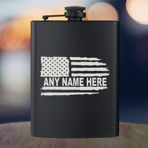 Personalized Engraved USA Flag Stars Black Flask
